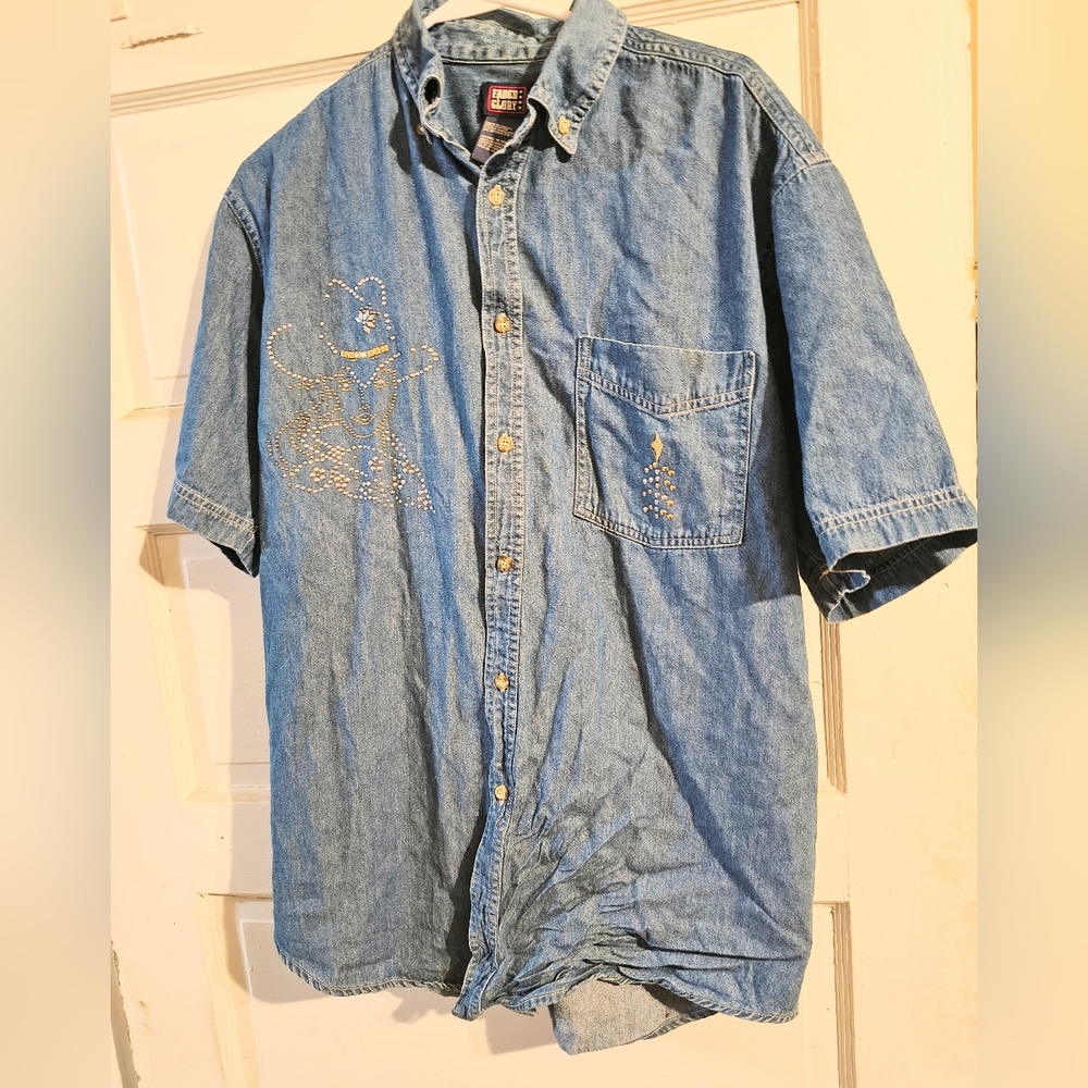 Men's Denim Short Sleeve Shirt with Embellishments